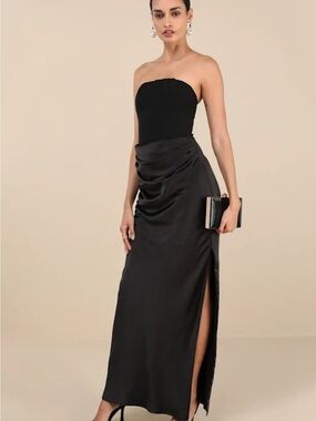 Lulu's Black Strapless Satin Gown with Side Slit